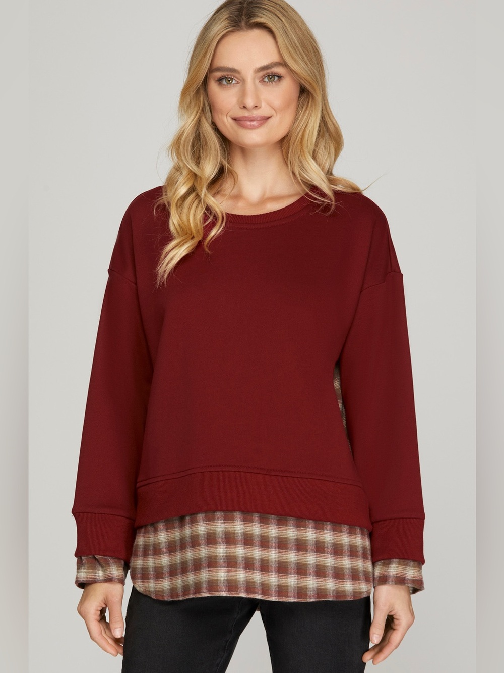 She + Sky Wine Plaid top